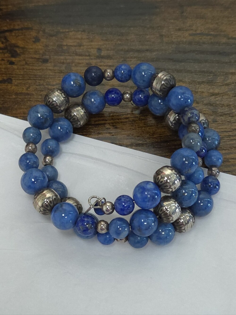 Vintage Lapis Lazuli Stone & Sterling Silver Beaded Wrap Bracelet Carlise CP 925 - Picture 11 of 13